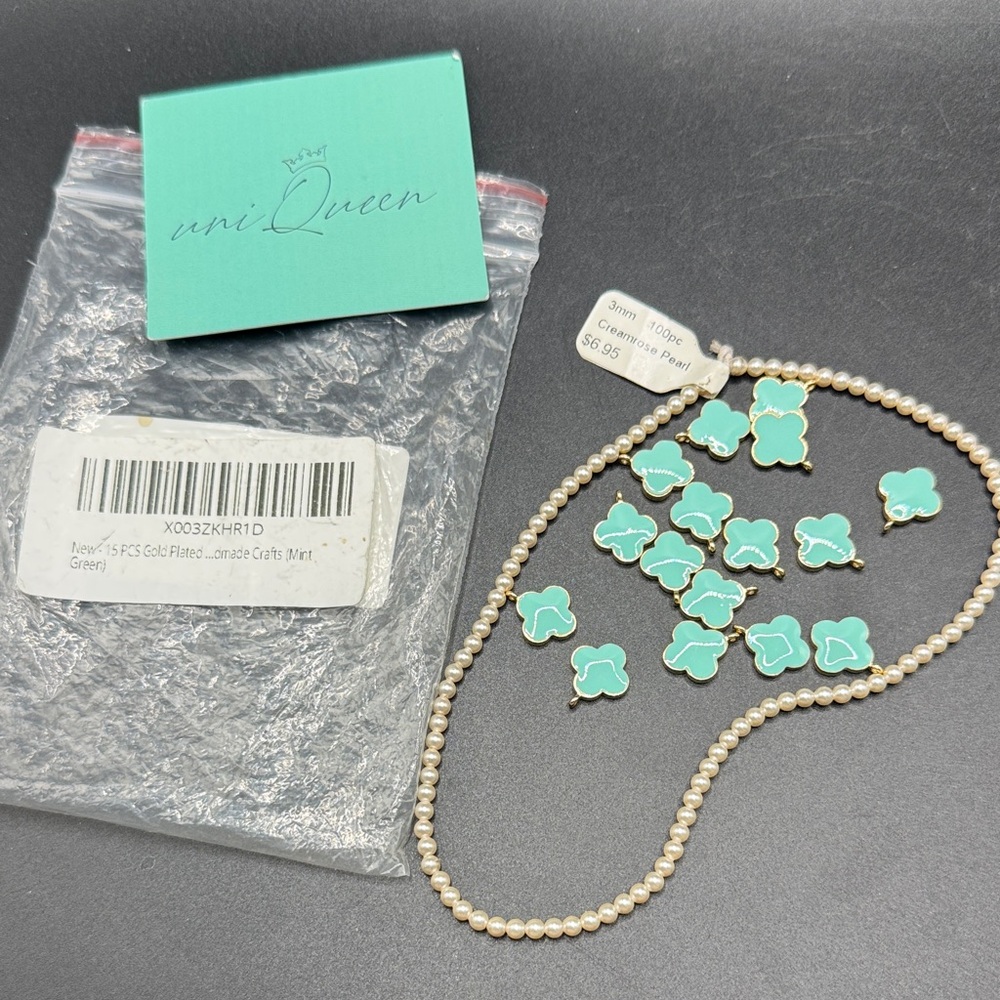 16 Mint Green Clover Charms with a Flux Pearl Strand DIY